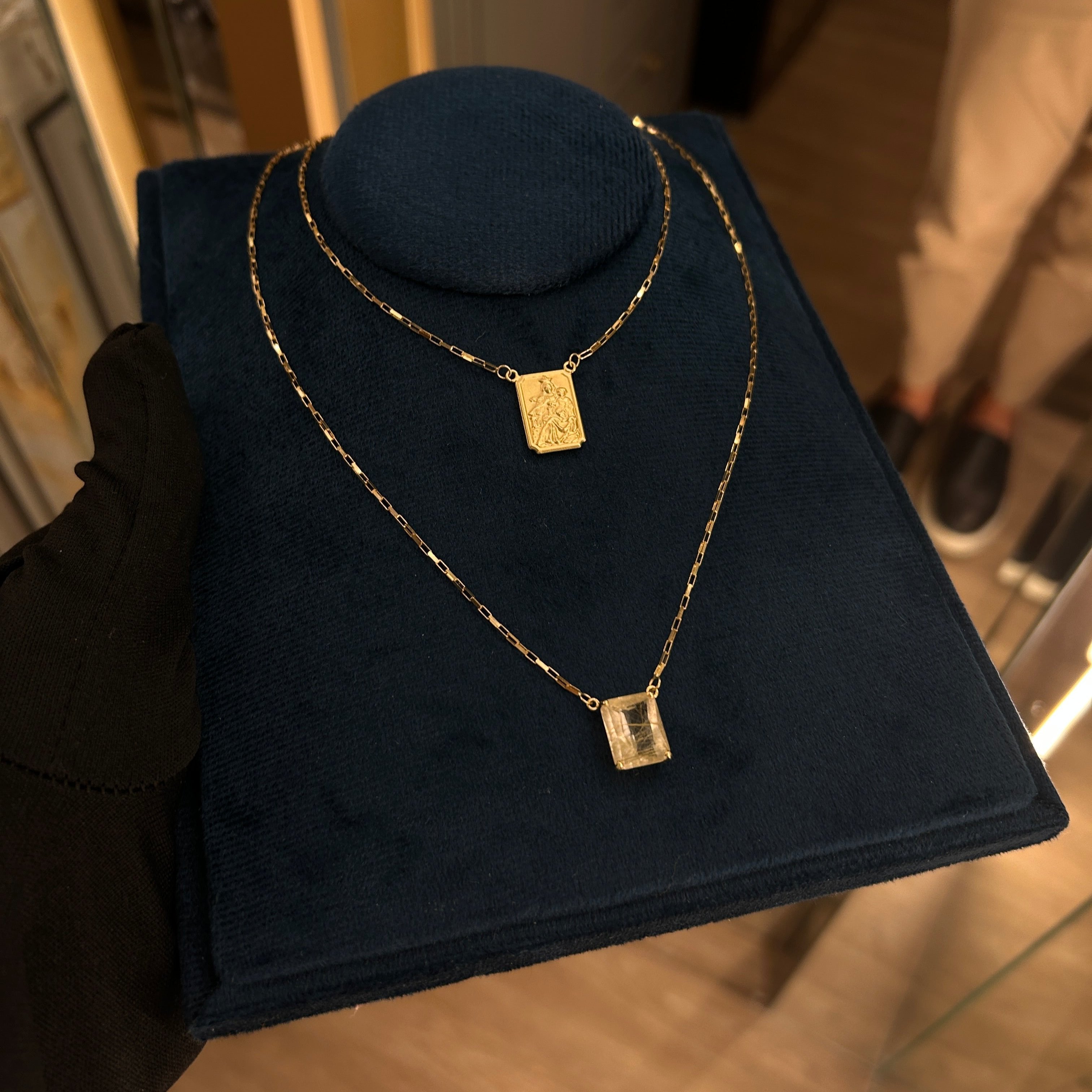Escapulário de Ouro 18k com Quartzo Rutilado 12x10